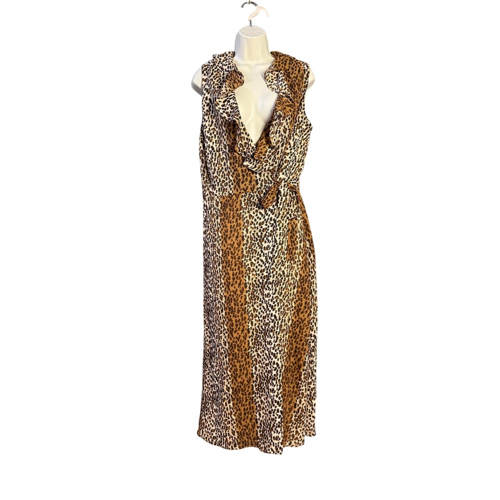 Vintage Ultra Dress New York Leopard Print Ruffle Wrap Maxi Dress Brown 14P 90s